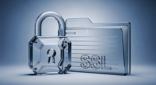 Crystal padlock and folder with SSL text for security concept