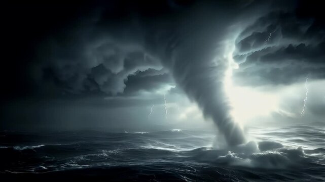 Tornado, twister, weather, natural disaster. A dramatic depiction of a stormy sea scene. The main subject is a powerful, swirling tornado, with a distinct funnel cloud extending from the center.