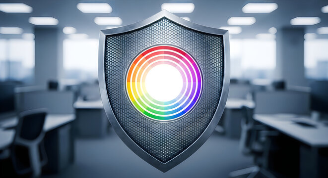 Metallic shield with a colorful concentric circle pattern in the center against a blurred office background