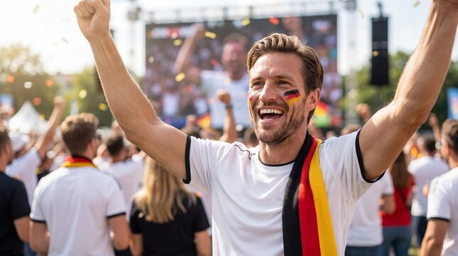 Happy young man with the German flag painted on his cheek, smiling and pointing to his face, supporting the national football team