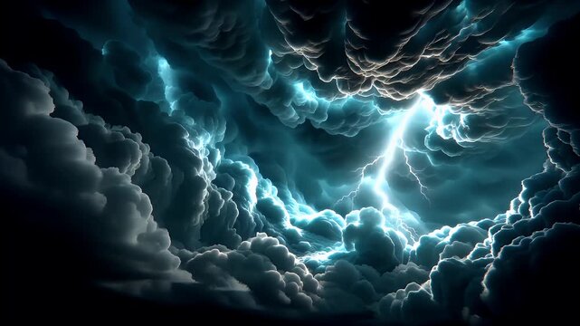 Fantasy wallpaper. A dramatic digital artwork depicts a stormy sky. The sky is filled with swirling, dark clouds, illuminated by a bright, radiant lightning bolt striking through them.