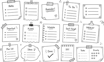 mega collection of hand drawn paper notes sticky note pads clipboards and notebook icons for planners and office design elements doodles isolated on white background vector graphic art © Daishin