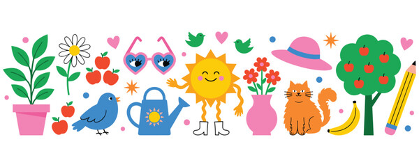 Naklejka premium Summer cartoon sticker set with cute sun bird flowers and gardening.