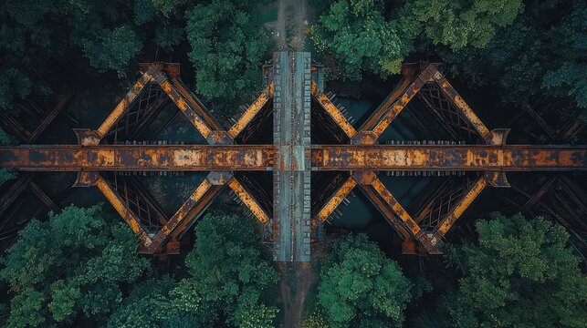 Historic American steel truss bridge structural symmetry aerial view weathered ironwork diamond pattern cross-bracing forest canopy natural contrast