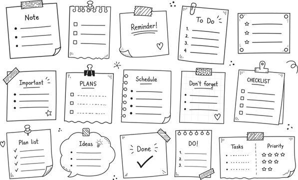 mega collection of hand drawn paper notes sticky note pads clipboards and notebook icons for planners and office design elements doodles isolated on white background vector graphic art