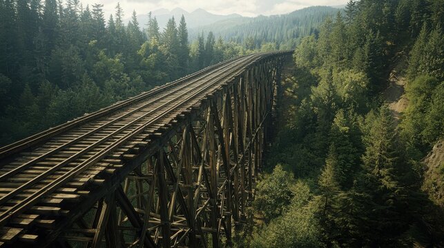 Bridge structural angles historic wooden railroad trestle spanning forest valley with diagonal timber framework and mountain wilderness backdrop