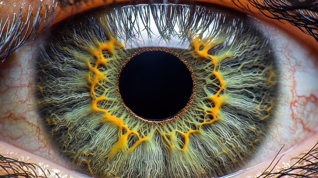 Pupil dilation macro extreme closeup multicolored human eye iris texture detailed corneal reflection patterns ophthalmological photography limbal ring architecture