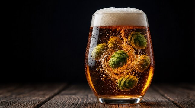 Refreshing glass of golden amber craft beer with fresh green hops swirling inside the bubbly liquid, set against a dark background on a rustic wooden table.
