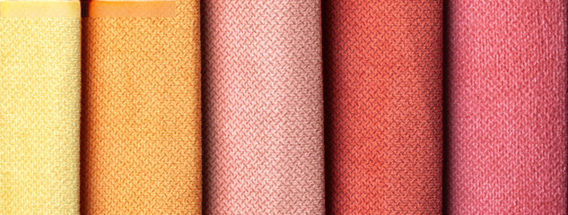 Sample velvet textile red, pink and yellow colors, background. Catalog and palette tone Interior fabric for furniture © nikol85