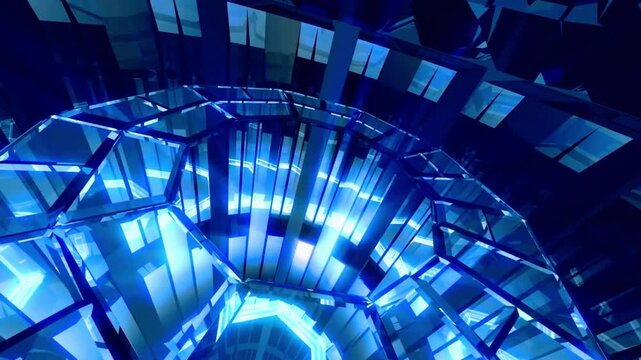 Abstract blue geometric tunnel with glowing lines and shapes interior