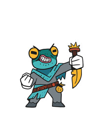Obraz premium Cartoon frog character with sword in warrior attire t-shirt design