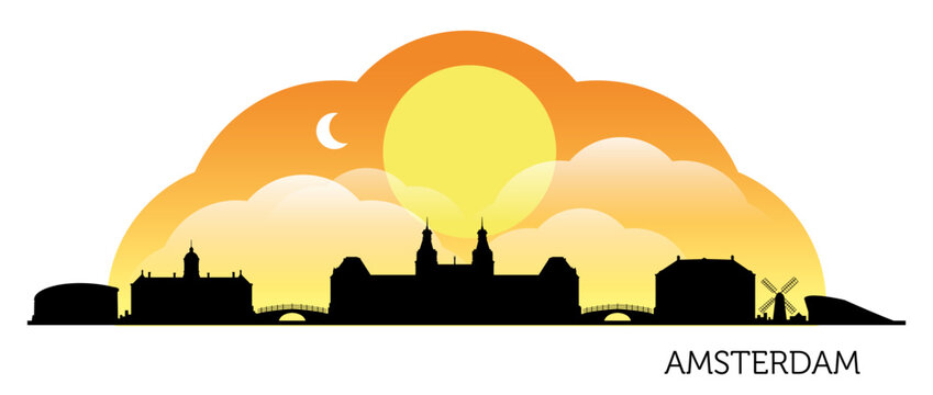 Colorful cityscape skyline with sunset background design