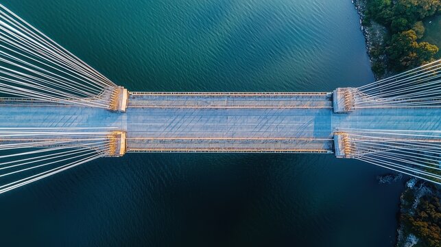 Bridge structural curves aerial perspective showcasing cable-stayed engineering design with geometric patterns over pristine water landscape