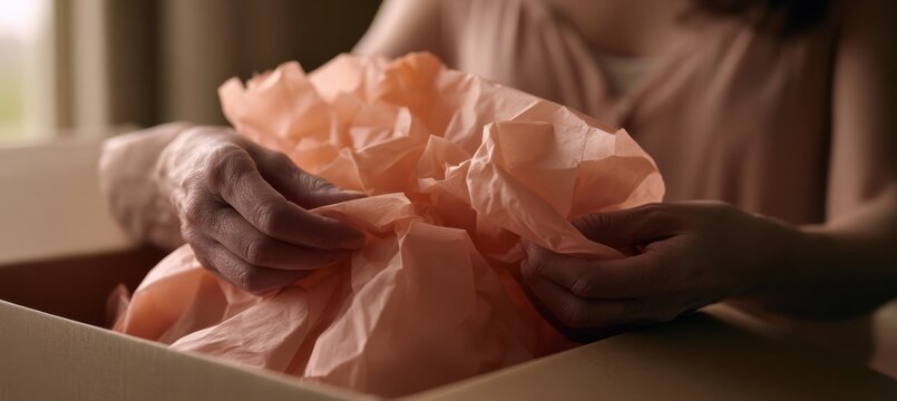 Hands lifting coral tissue from open kraft subscription box