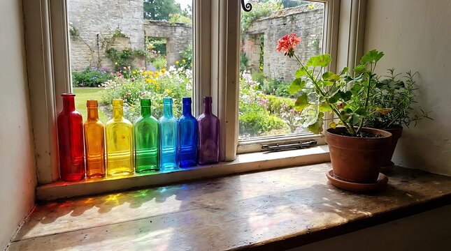 A row of colorful glass bottles arranged in rainbow order on a rustic wooden windowsill, with a potted geranium plant and a garden view through the window in the background