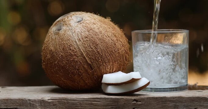 Fresh coconut water pouring into a glass with whole coconut and slices on rustic wood. Tropical healthy drink concept, natural refreshment, summer beverage footage