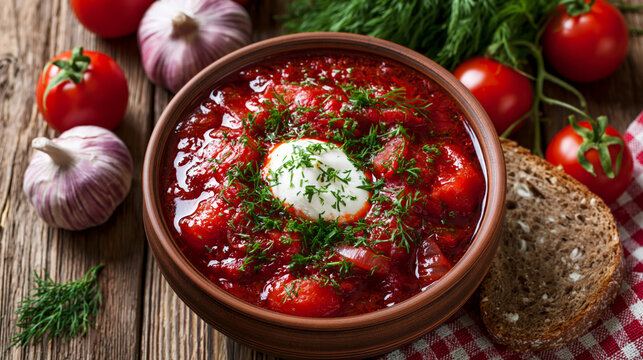 Traditional borscht with sour cream and homemade bread on wooden rustic background 