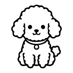 Fluffy Toy Poodle Puppy Sitting Cartoon Vector Illustration. Cute curly dog line art icon with collar isolated on white background, perfect for pet salon branding, kids coloring book, and animal lover