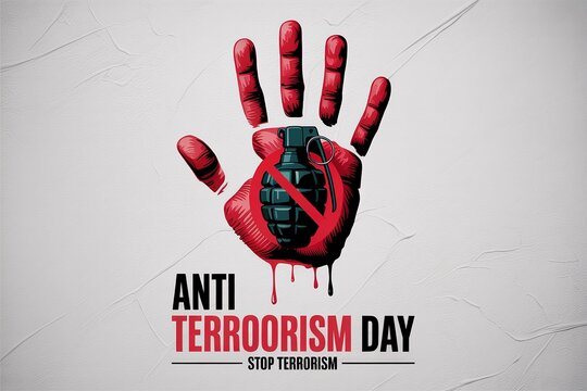 Symbolic red hand illustration urging society to stop terrorism and violence.