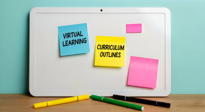 Whiteboard with sticky notes for virtual learning and curriculum planning