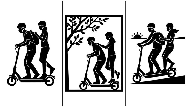 Silhouette of a couple sharing an electric scooter riding in tandem, urban micro-mobility vector set with park and sunset scenes