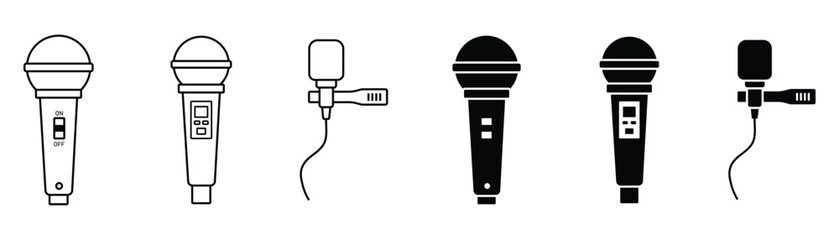 Assorted professional handheld microphones and lavalier lapel mic icons in outline and solid black silhouette styles for audio recording broadcast media and communication equipment presentation. © anamull2004