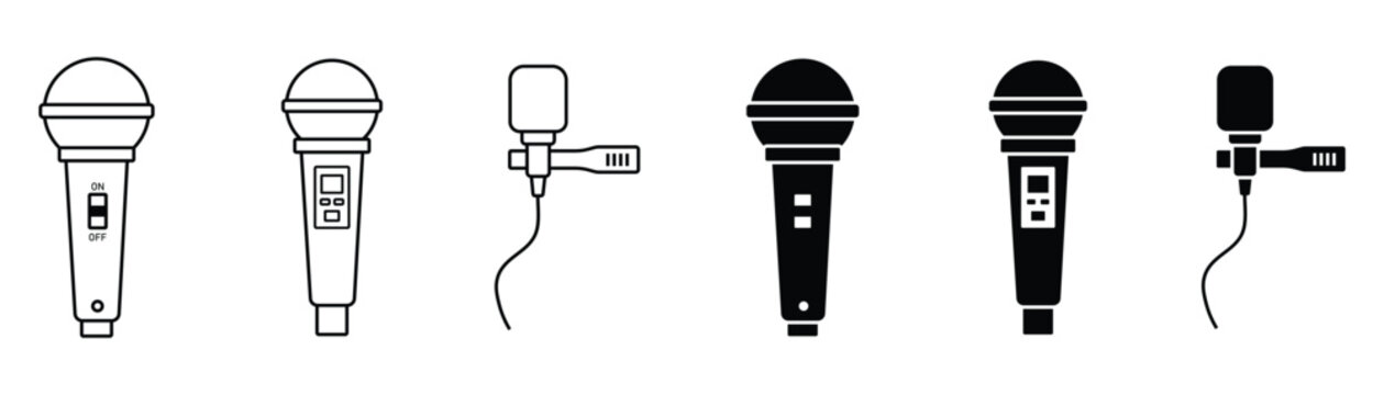 Assorted professional handheld microphones and lavalier lapel mic icons in outline and solid black silhouette styles for audio recording broadcast media and communication equipment presentation.