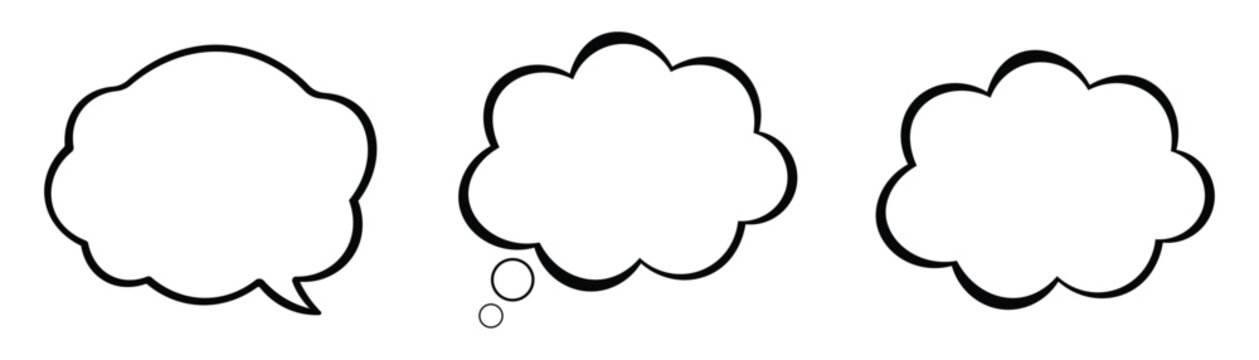 Set of three comic thought bubbles and speech balloons with fluffy cloud outlines and cartoon style shapes for conversation bubbles text placeholders and creative graphic communication design.