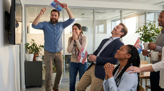 A diverse group of colleagues watches a sporting event on television with intense emotion, some waving small flags and expressing elation and disappointment in a modern office setting.