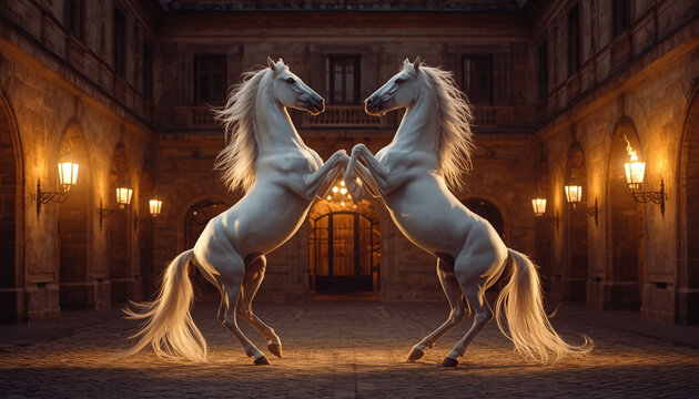 Two white horses rearing up on their hind legs in a historic building courtyard at night with warm lighting