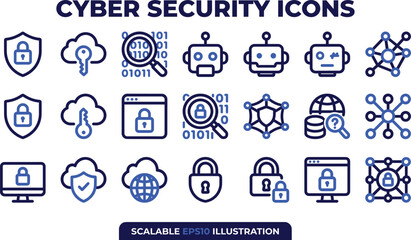 Fototapeta premium Cyber Security Line Icons Set with Cloud Protection Network Encryption and Digital Privacy Technology Symbols