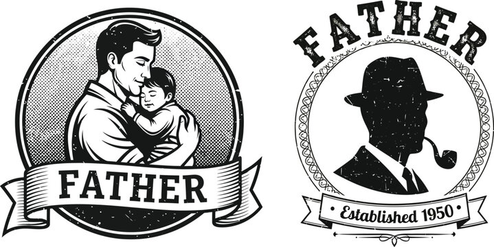 Vintage father and child illustration with pipe portrait logo established 1950 Vector