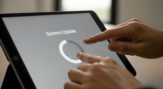 Person's fingers touching a tablet screen showing system update progress bar