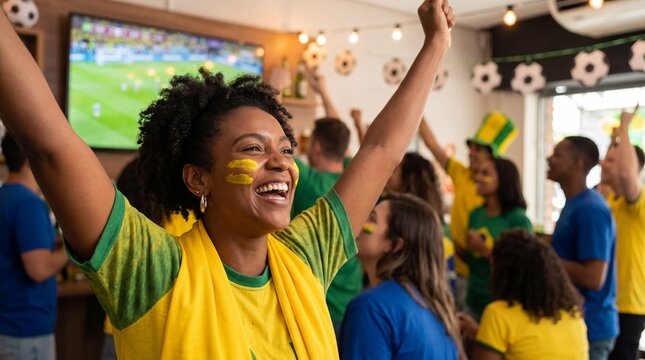 Happy young Brazilian woman with green and yellow face paint smiling and celebrating with the national flag in the background