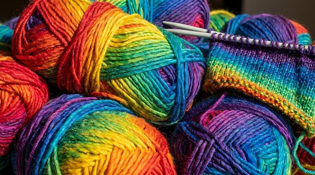 Closeup of vibrant rainbowcolored yarn balls and knitting needles, showcasing a colorful texture and craft project in progress with variegated wool