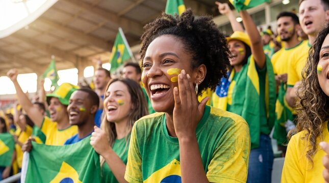 Happy young Brazilian woman with green and yellow face paint smiling and celebrating with the national flag in the background