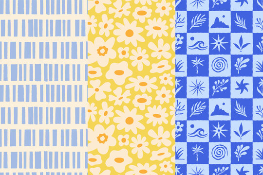 Vector hand drawn seamless patterns set in naive abstract art style with sketchy wavy and groovy shapes, dopamine cottage core aesthetic, backgrounds for stationery, surface print design