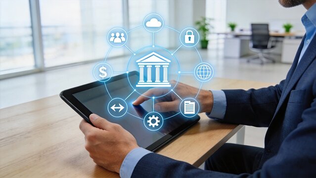 Digital banking and fintech concept with user accessing secure online financial services on tablet device