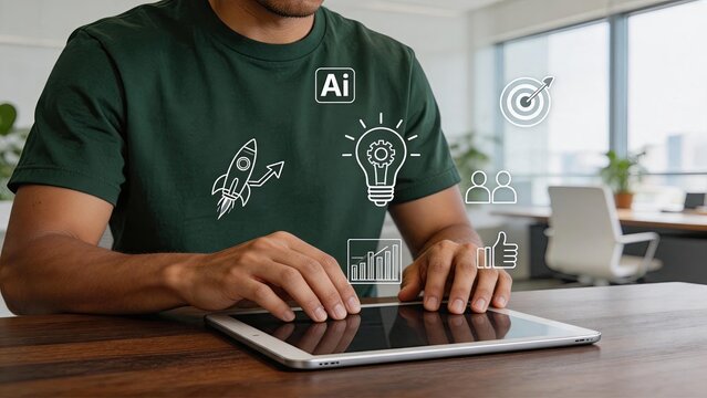 Man using tablet computer with artificial intelligence icons, digital innovation concept, startup business technology, creative idea lightbulb, rocket launch symbol, data