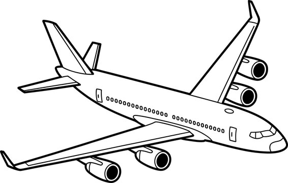 Black and white line of a four-engine jet airliner a white background, airplane aircraft
