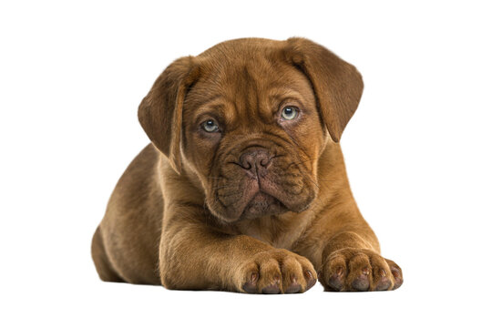 Adorable brown dogue de bordeaux puppy lying down on a white background and looking isolated on transparent PNG