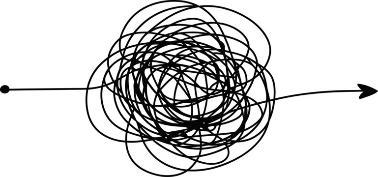 Black scribble line with arrow white background, representing complexity and direction