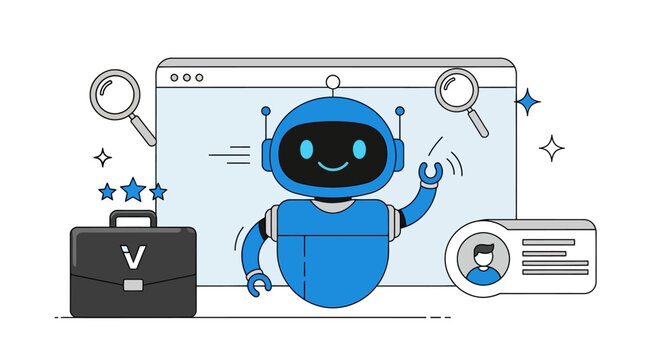 Friendly blue robot assistant character illustration for modern technology concepts.