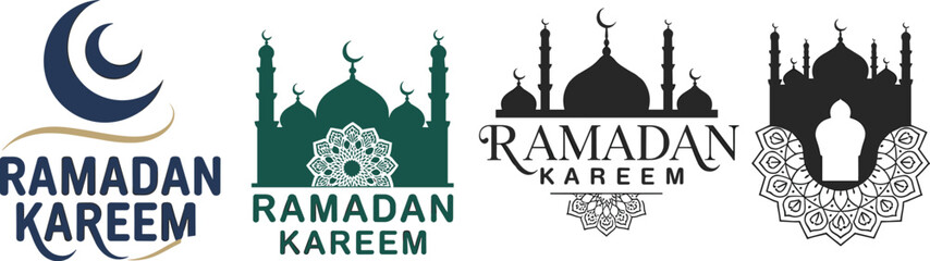 Ramadan Kareem greeting icons set, cad drawing flat vector illustration, pitch black solid silhouette, Islamic religious holiday celebration, spiritual architecture. © MdMarijul