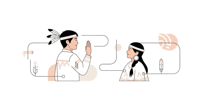 Illustration of indigenous couple communicating with hand gestures.