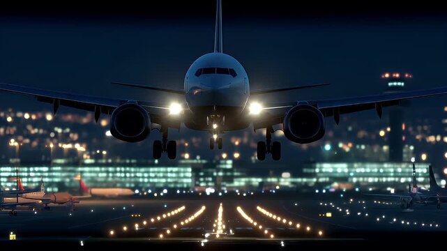Travel trip journey. A nighttime scene at an airport shows an airplane taking off from the runway. The airplane, illuminated by its landing lights, is the main subject.