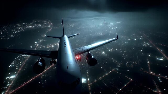 Travel trip journey. A nighttime aerial view shows an airplane flying above a densely populated cityscape. The airplane, with its landing gear down, is the main subject.