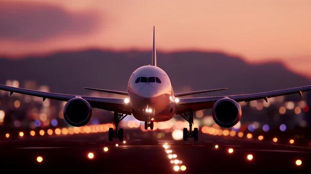 Travel trip journey. A vivid portrayal of an airplane taking off from an airport runway at sunset. The airplane is in the foreground, its wings spread wide.