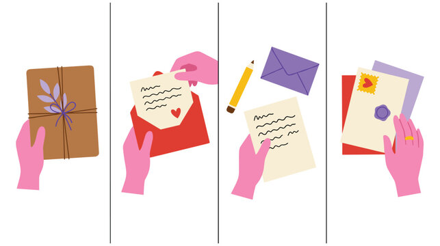 Hands holding package writing letter and sending envelope illustration.