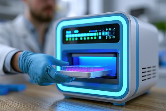 Sequencing specialist loading sample tray into modern genomics sequencer in laboratory